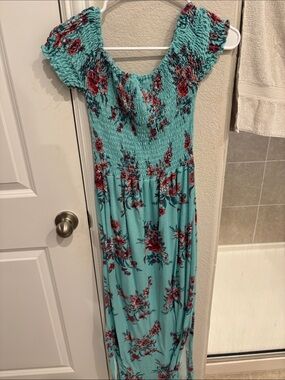 Floral Smocked Turquoise Maxi Dress